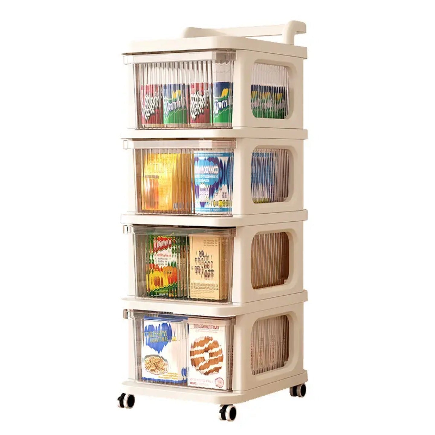 Multifunctional Storage Trolley Rack Organized with Food Items.