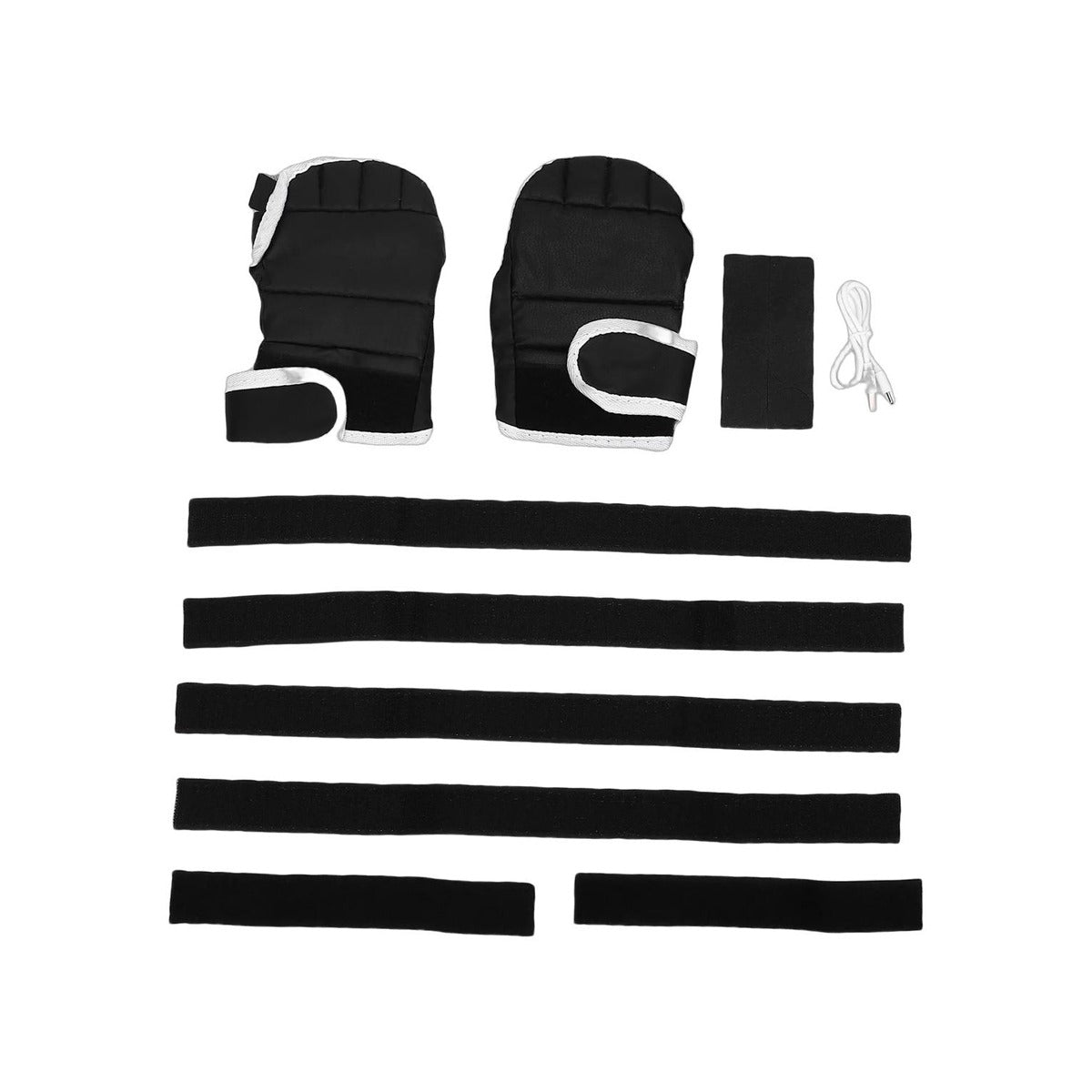 A set of black gloves with adjustable straps and a USB cable, designed for use with a Music Boxing Machine