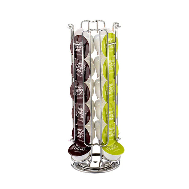 24 Coffee Pod Holder - Rotating Chrome Tower Storage Stand for Coffee Capsules
