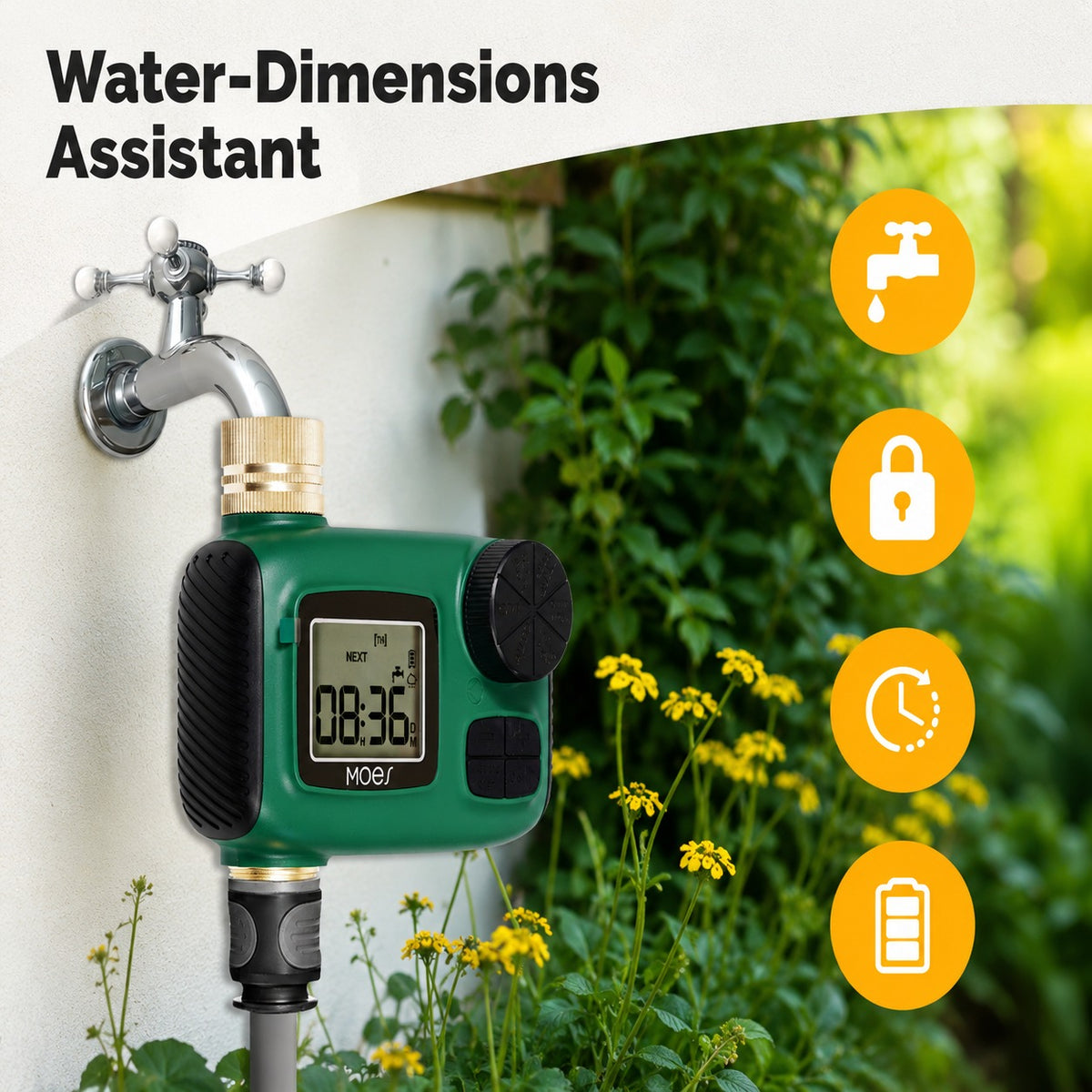Outdoor Digital Water Timer mounted on a garden hose at a wall spout, with a garden background and feature icons on the right. Text at the top reads 'Water-Dimensions Assistant.