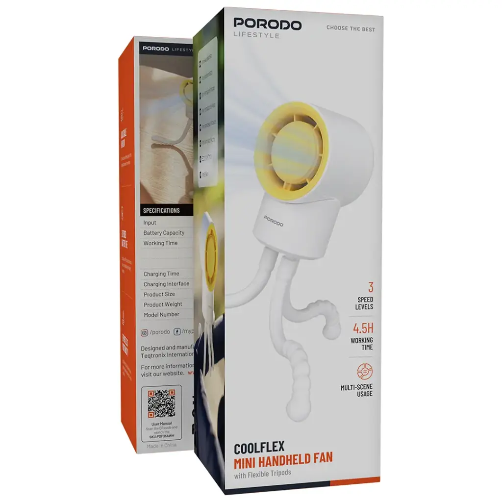 PORODO Coolflex Mini Handheld Fan, Flexible Tripod, Rechargeable Cooling Fan - PDF35A