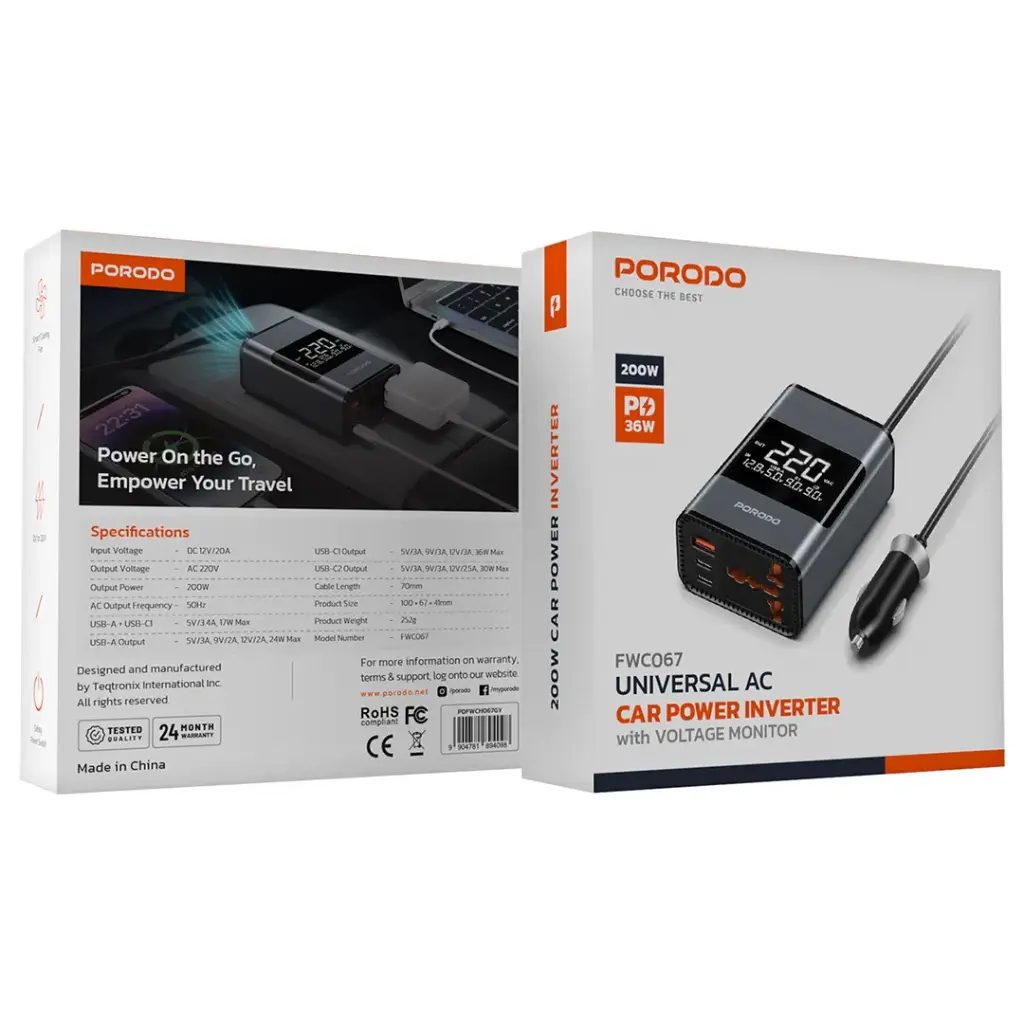 Porodo car power inverter packaging with specifications on a white background