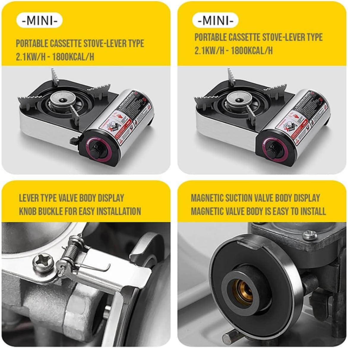 Portable Butane Gas Stove with different valve body display types on a yellow background