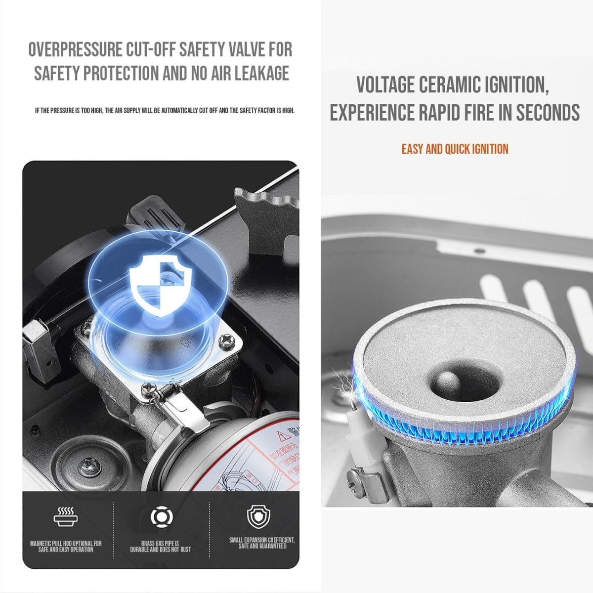 Two images showing an overpressure cut-off safety valve and a voltage ceramic ignition of Portable Butane Gas Stove.