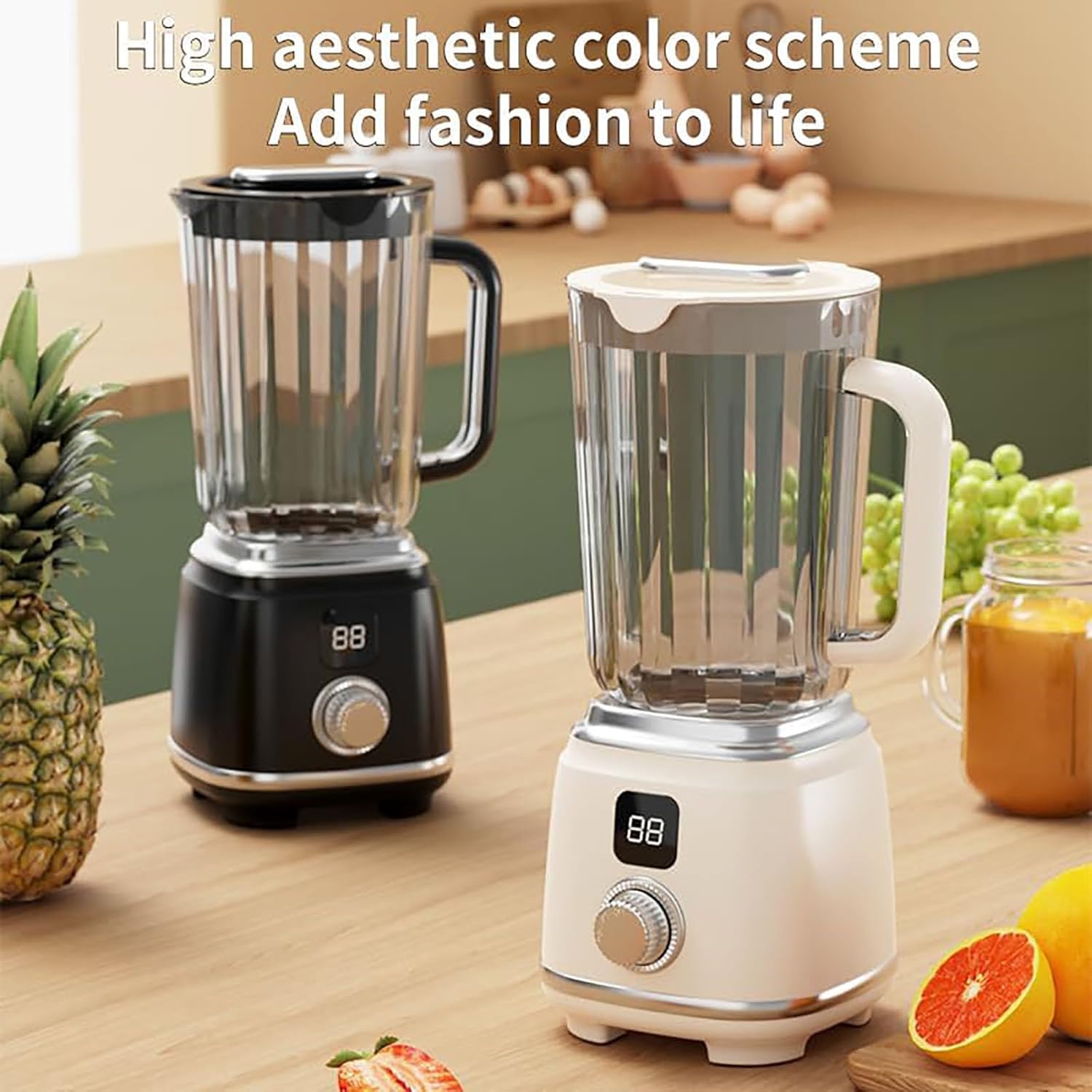 Two portable citrus juicer blenders, one black and one white, on a kitchen counter with fruits and a drink.