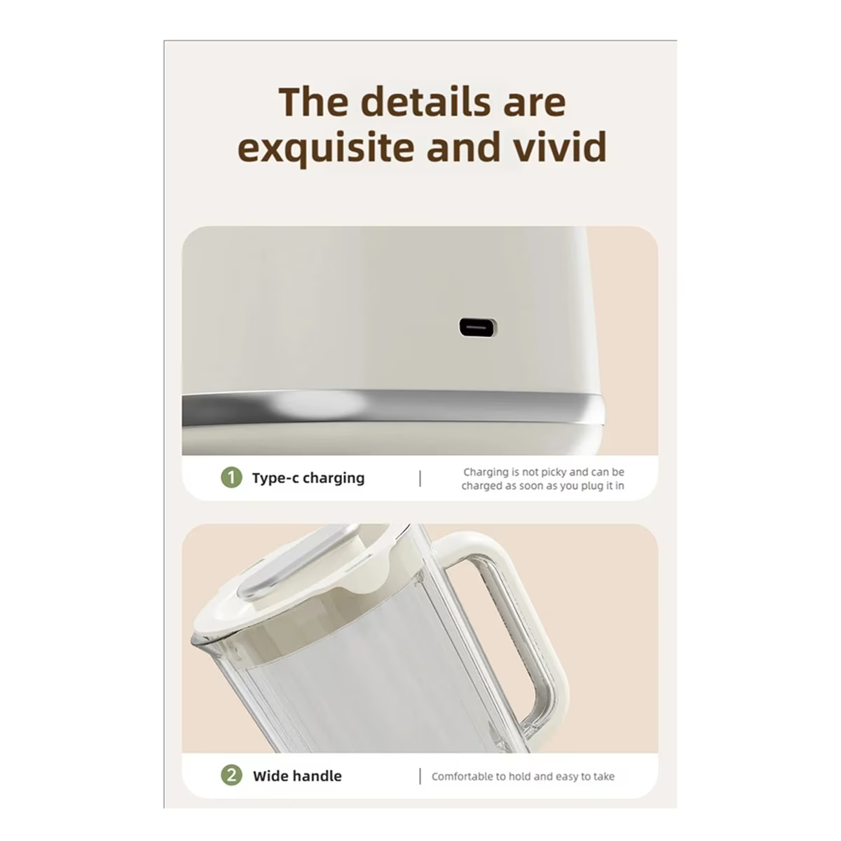 Product packaging with charging port and wide handle features on a beige background