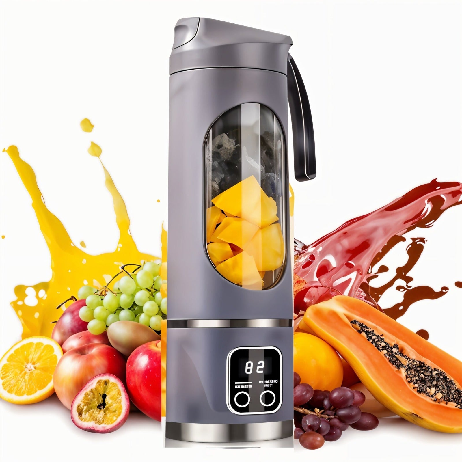 Purple Color Portable Juicing Cup with fruits and liquids splashes on a white background