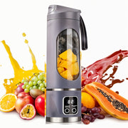 Purple Color Portable Juicing Cup with fruits and liquids splashes on a white background