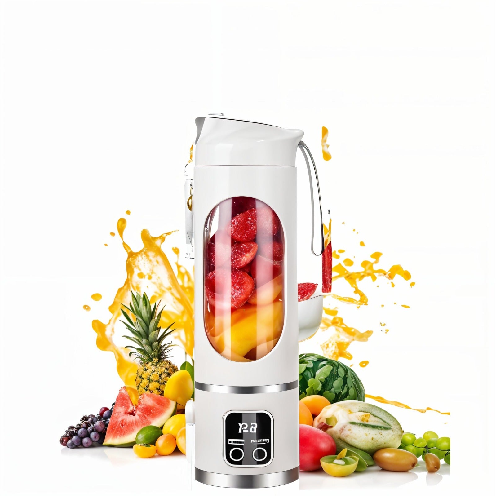 White Portable Juicing Cup with fruits and vegetables on a white background