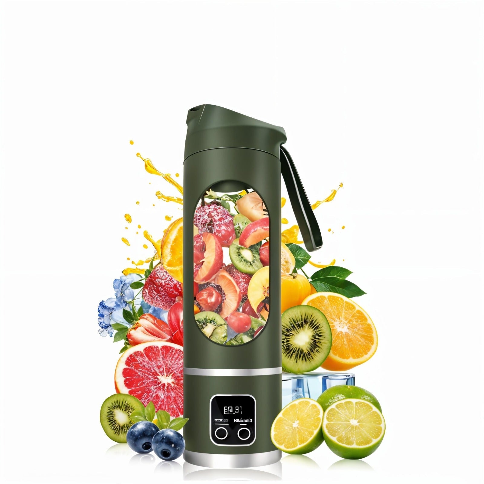 Green Portable Juicing Cup Blender with fruit design on a white background