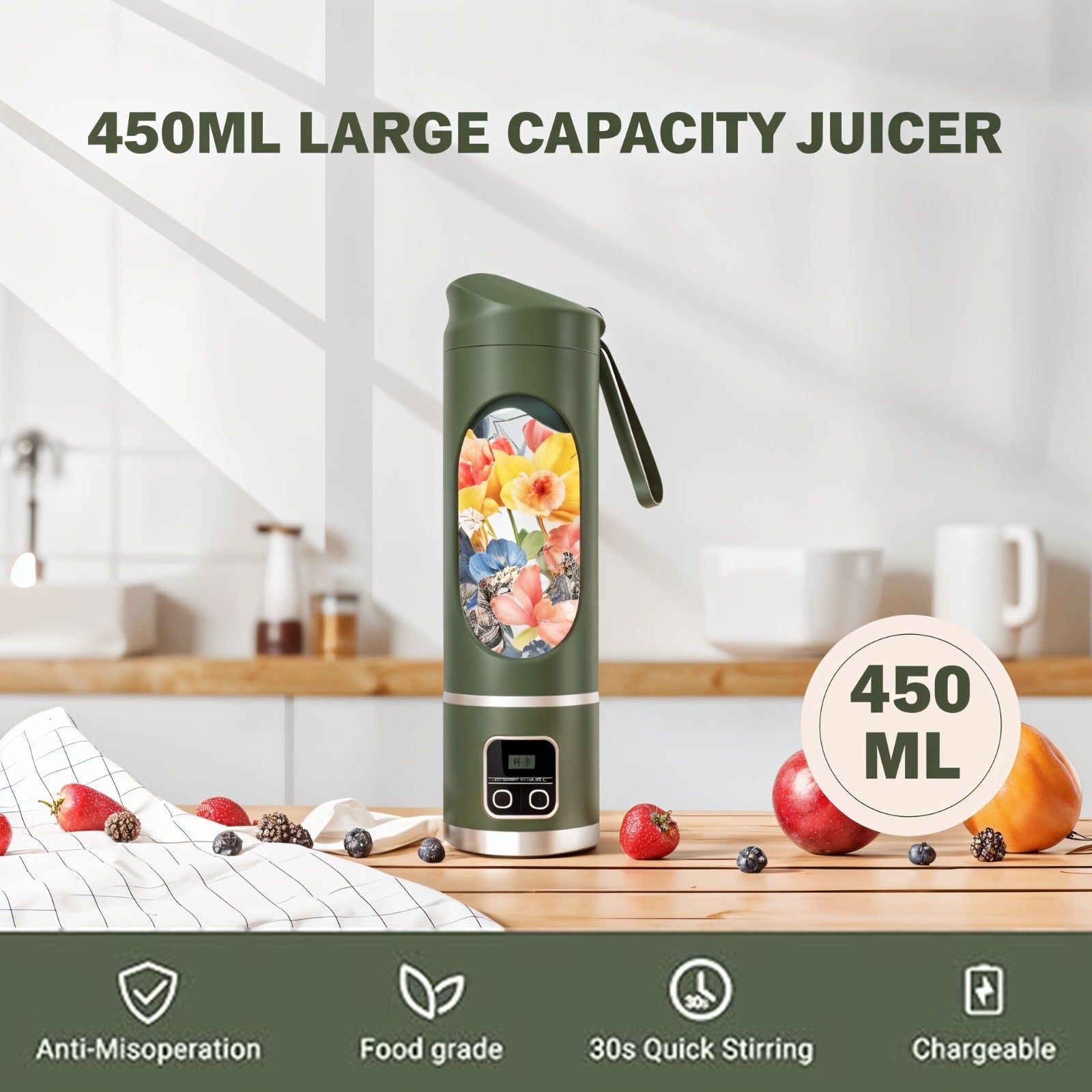 450ml large capacity Portable Juicing Cup with fruit design on a kitchen counter