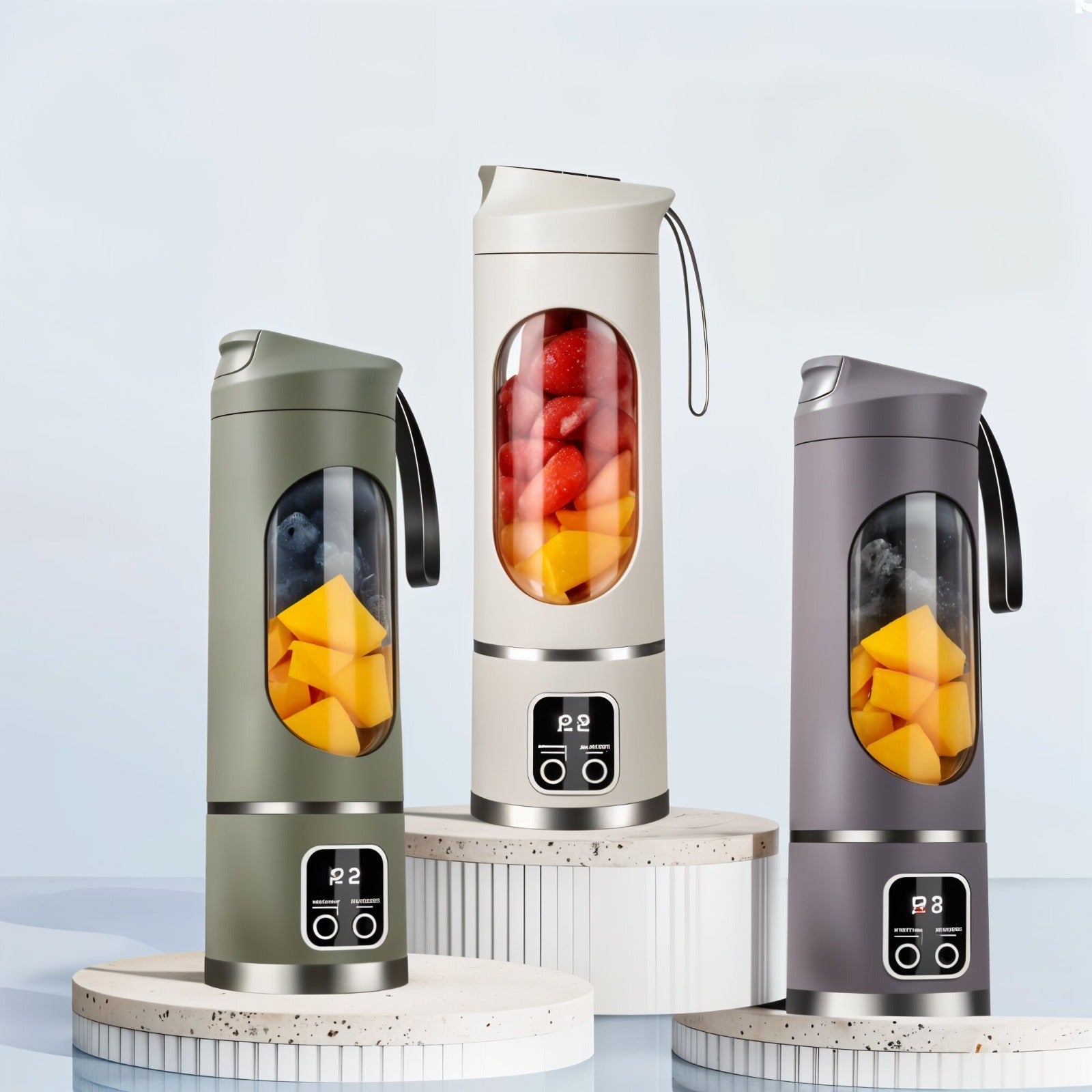 Three Portable Juicing Cup blenders with fruit compartments on a light blue background