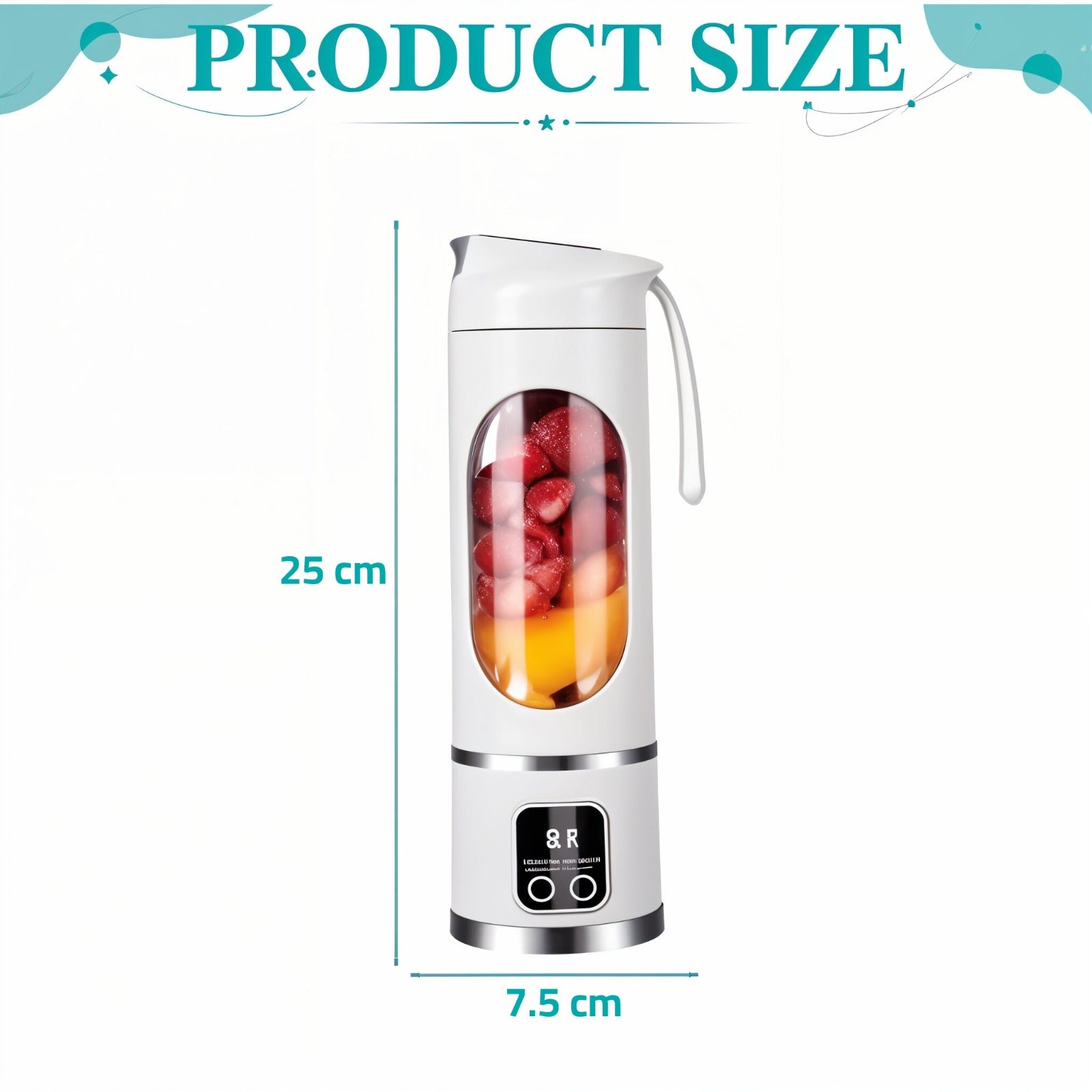 Portable Juicing Cup with fruit inside, showing dimensions on a white background