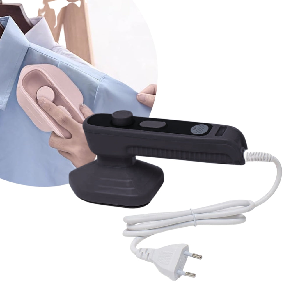 A person is using Portable Mini Steam Iron with a cord on a white background