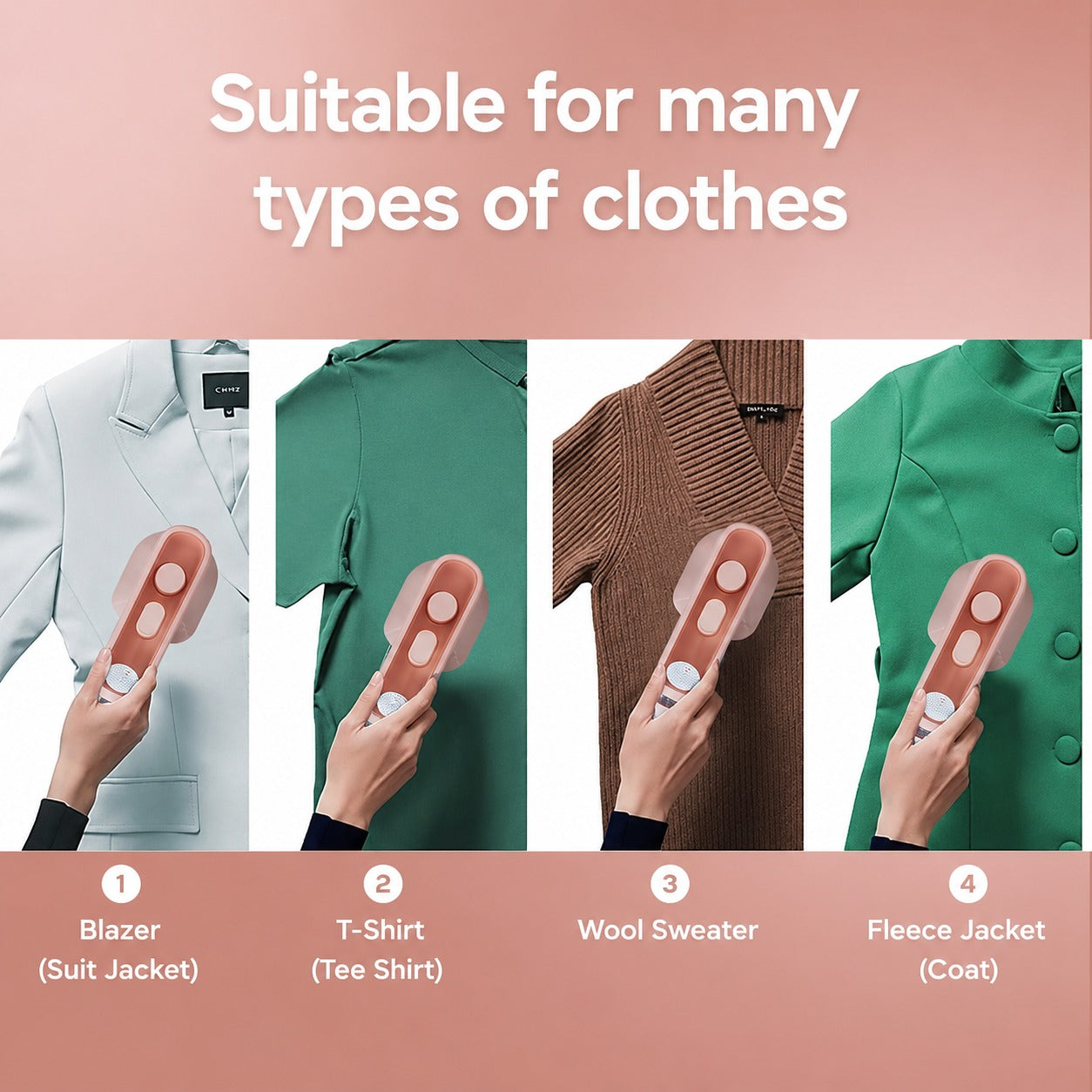 Portable Mini Steam Iron being demonstrated on various types of clothing with text 'Suitable for many types of clothes'.