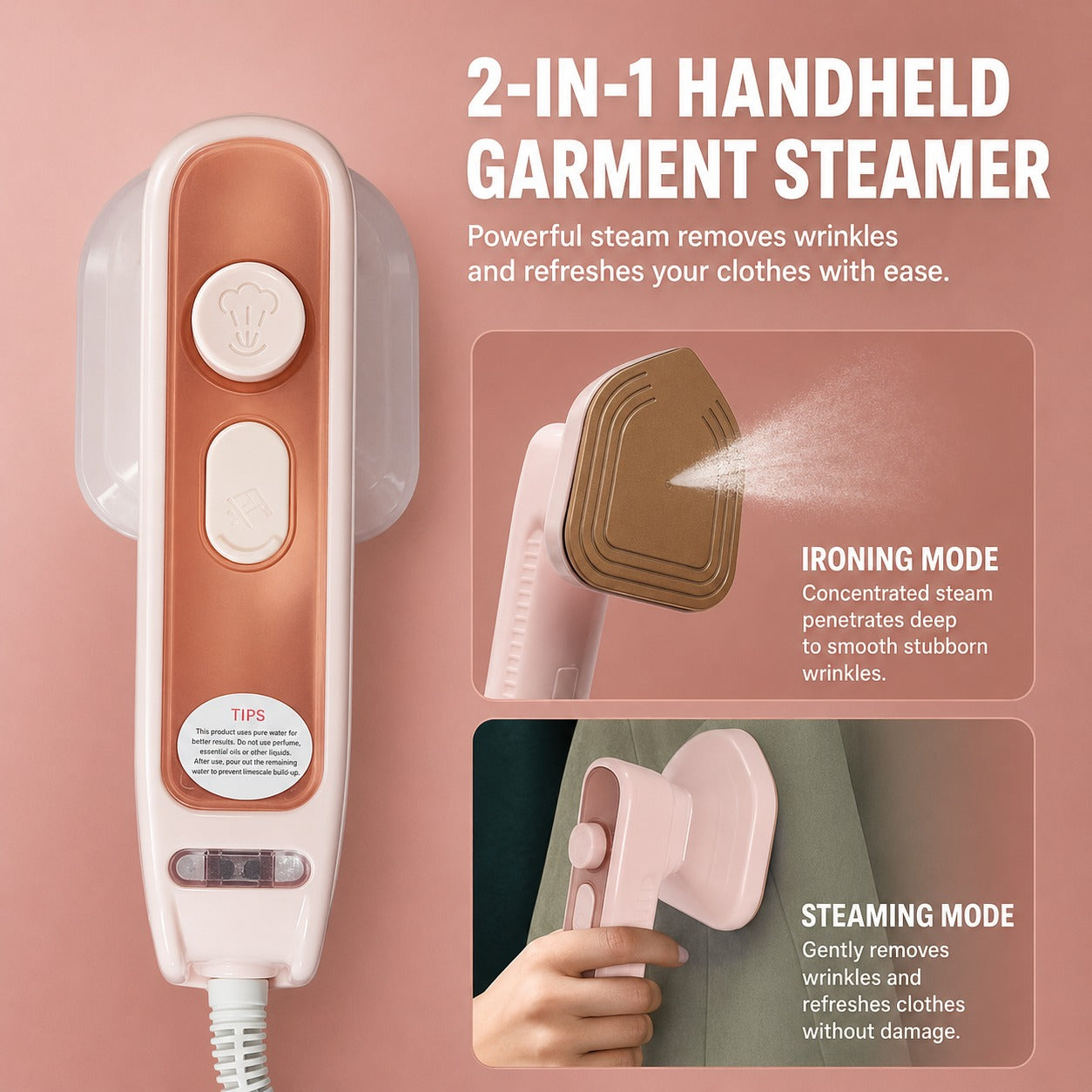 Portable Mini Steam Iron with steam feature on a pink background