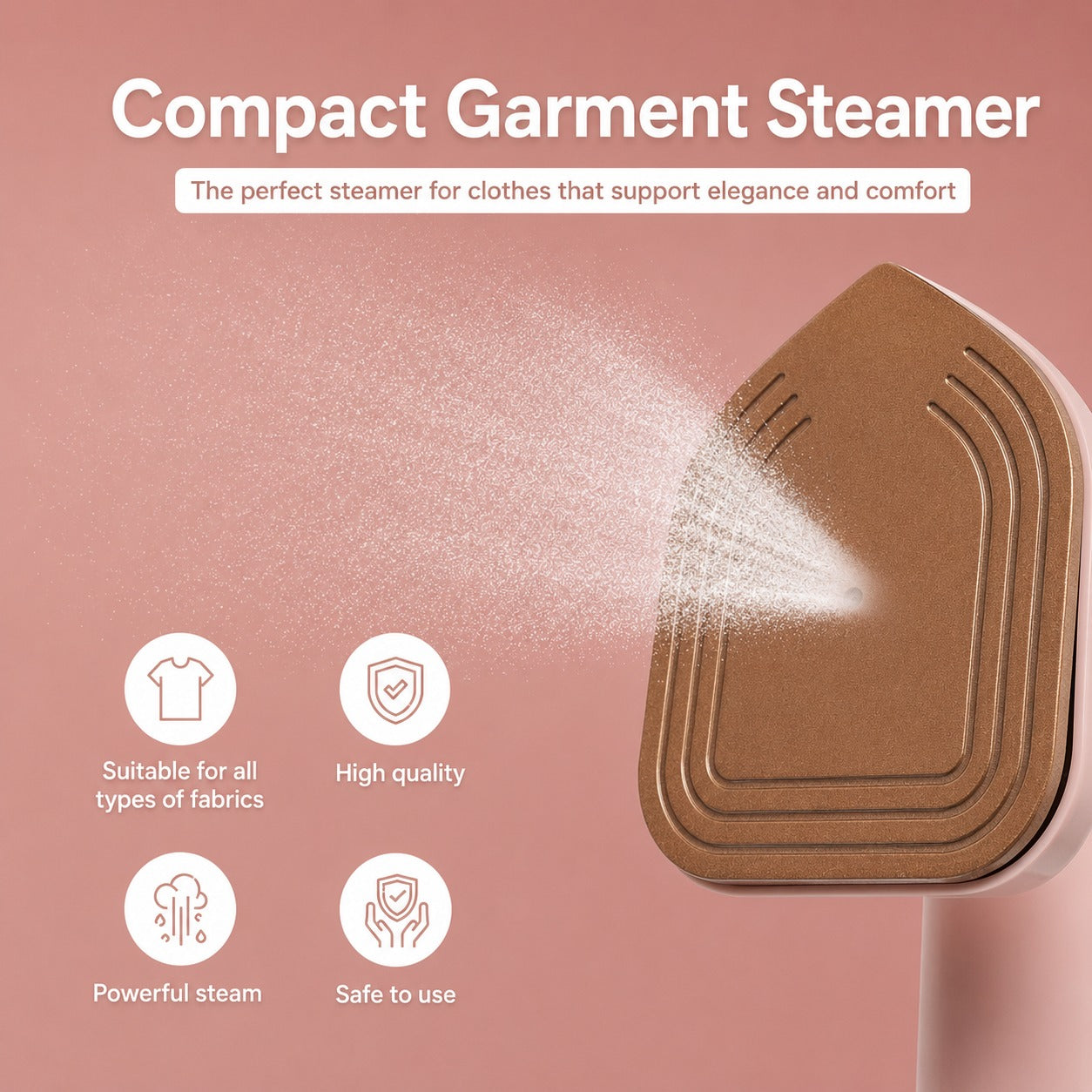 Portable Mini Steam Iron with steam being released on a pink background, featuring text and icons about its features.