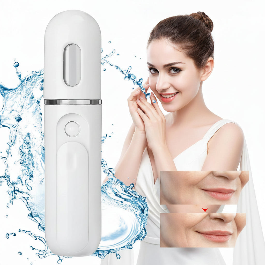 Portable Nano Facial Mist Sprayer with a woman on the other side.