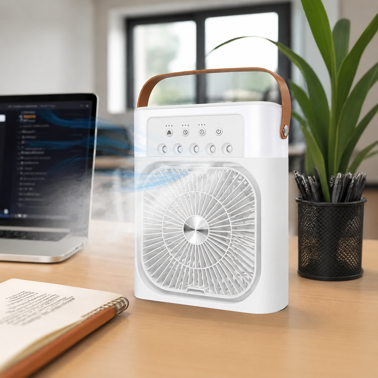 Portable Rechargeable Spray Fan on a desk with a laptop and office supplies in the background