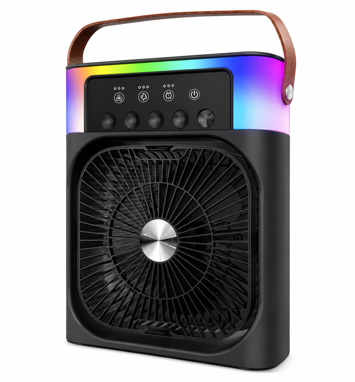 Portable Rechargeable Spray Fan with RGB lighting on a white background