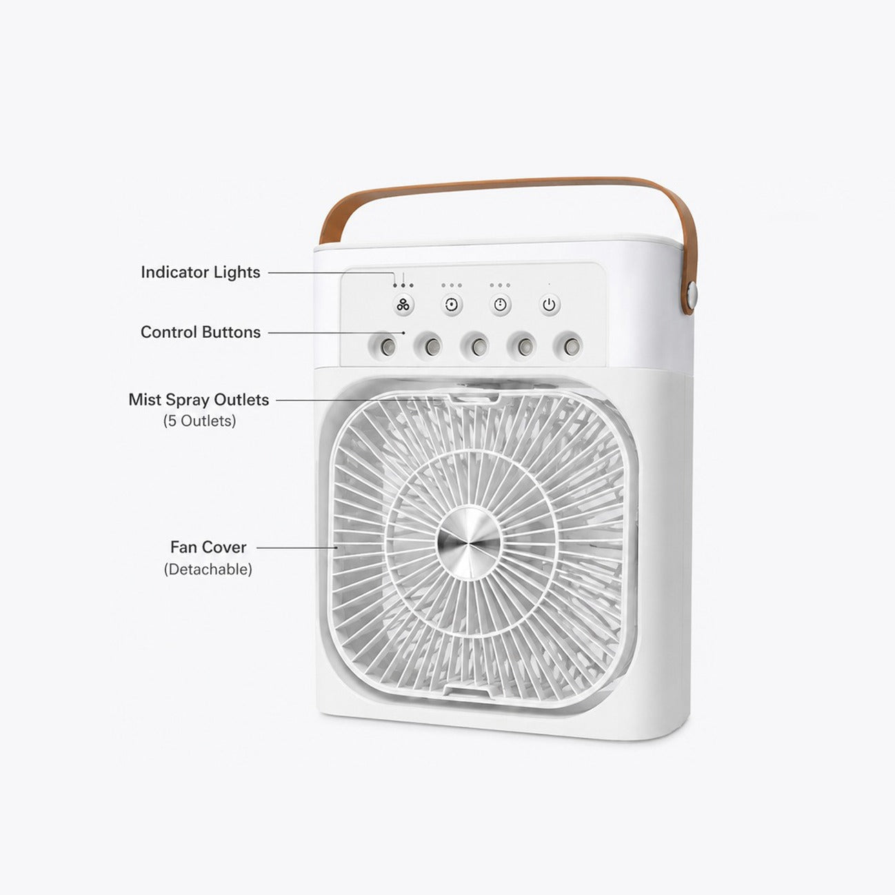Portable Rechargeable Spray Fan with labeled parts on a white background