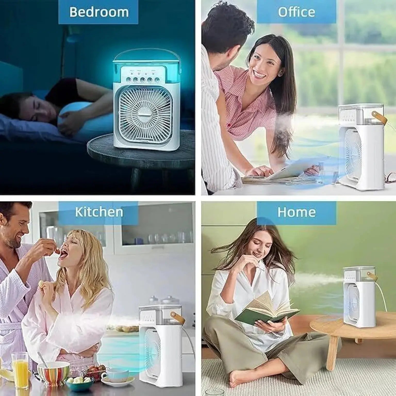 Product usage scenarios of Portable Rechargeable Spray Fan in bedroom, office, kitchen, and home settings.