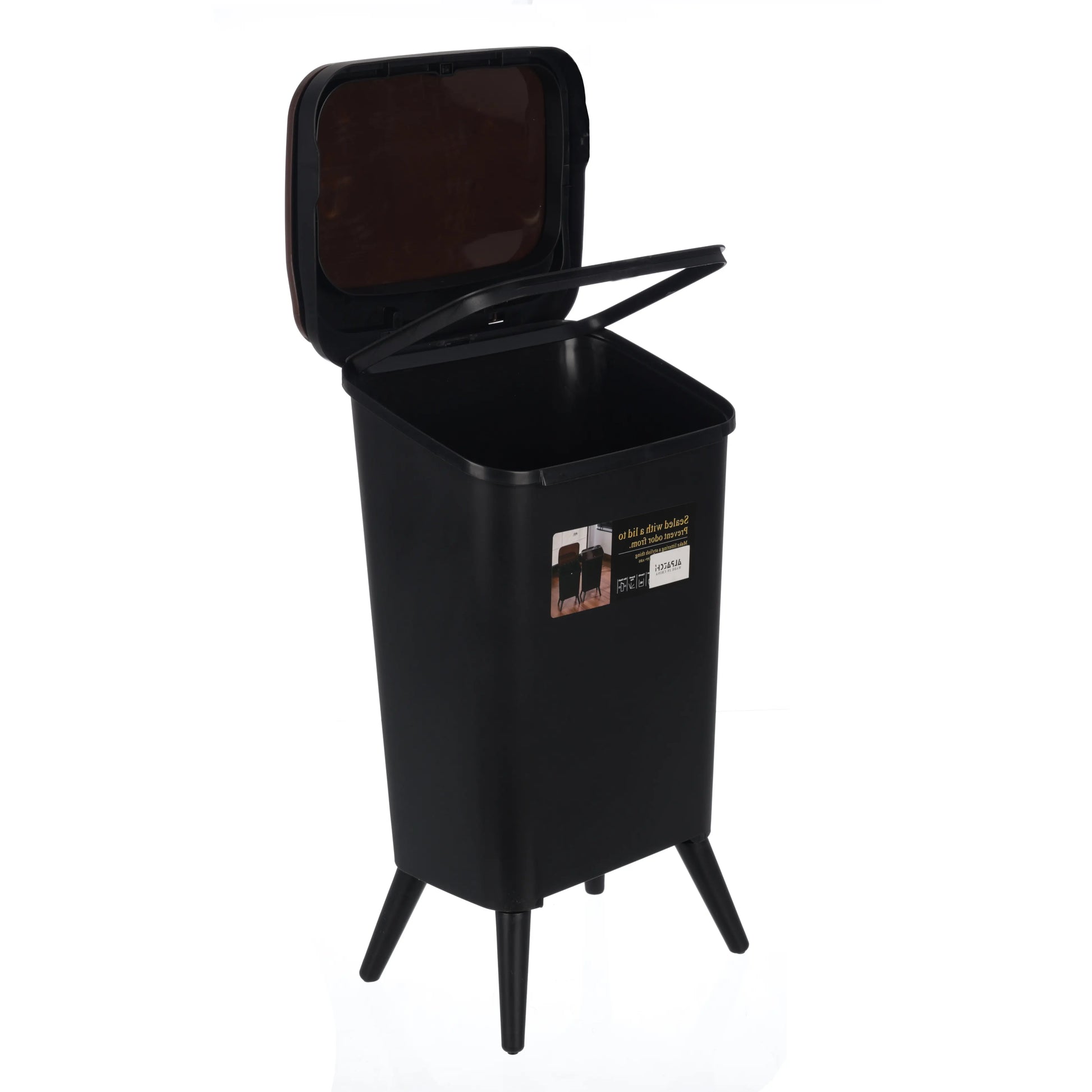 Slim Push Lid Trash Bin with open lid on a white background