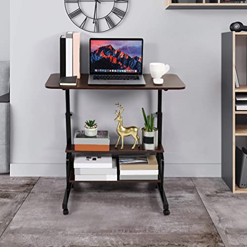Adjustable Laptop Computer Desk with Bottom Shelf with Laptop and Decor Items are Placed at the Corner Of Living Room.