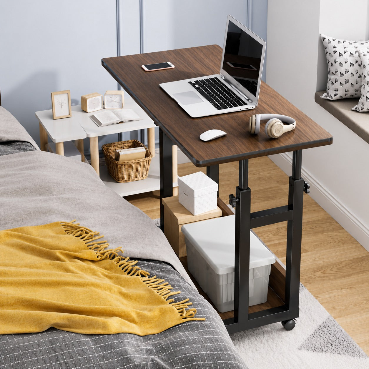 Adjustable Rolling Laptop Desk with Storage Shelf, Overbed Table for Bedroom & Home Office