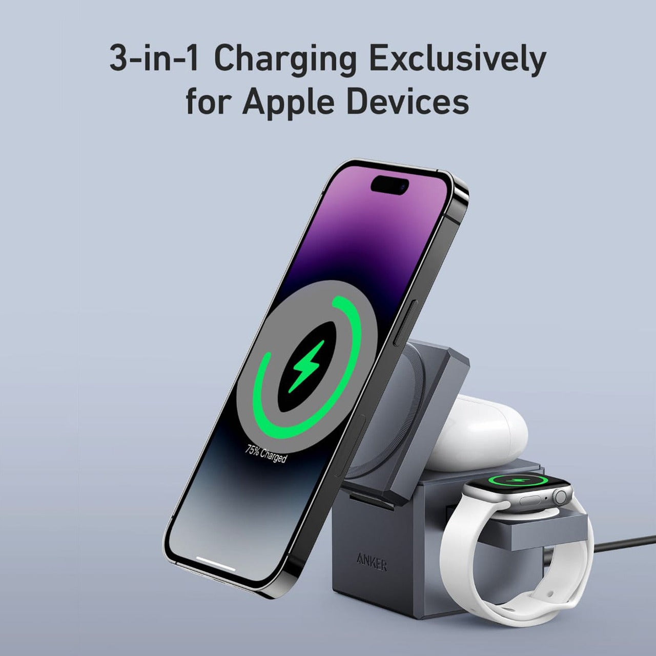 Mobile Phone, Airpod, Watch are Connected to Anker 3-in-1 Cube with MagSafe.
