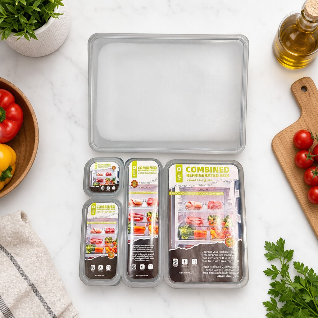 Combined Refrigerated Food Storage Box Set on a kitchen counter with vegetables and a cutting board.