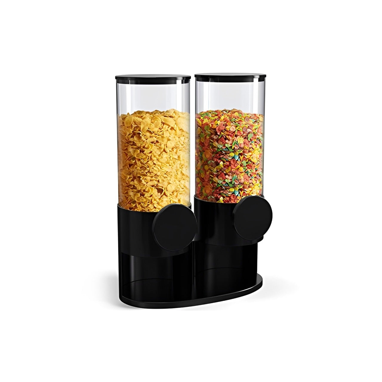 Dual glass cereal dispenser with black base holding two types of cereal on a white background