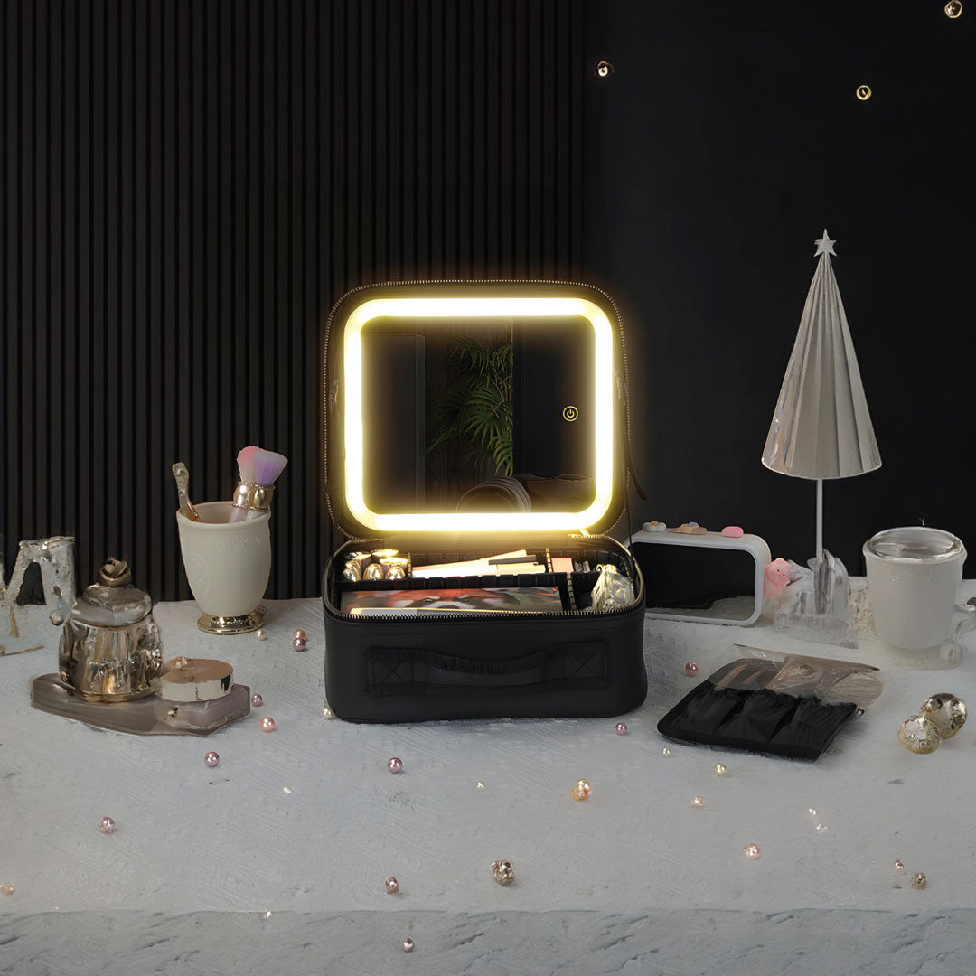 A Green Lion LED Makeup Organizer with a built-in illuminated mirror, neatly storing cosmetics while a woman applies makeup.