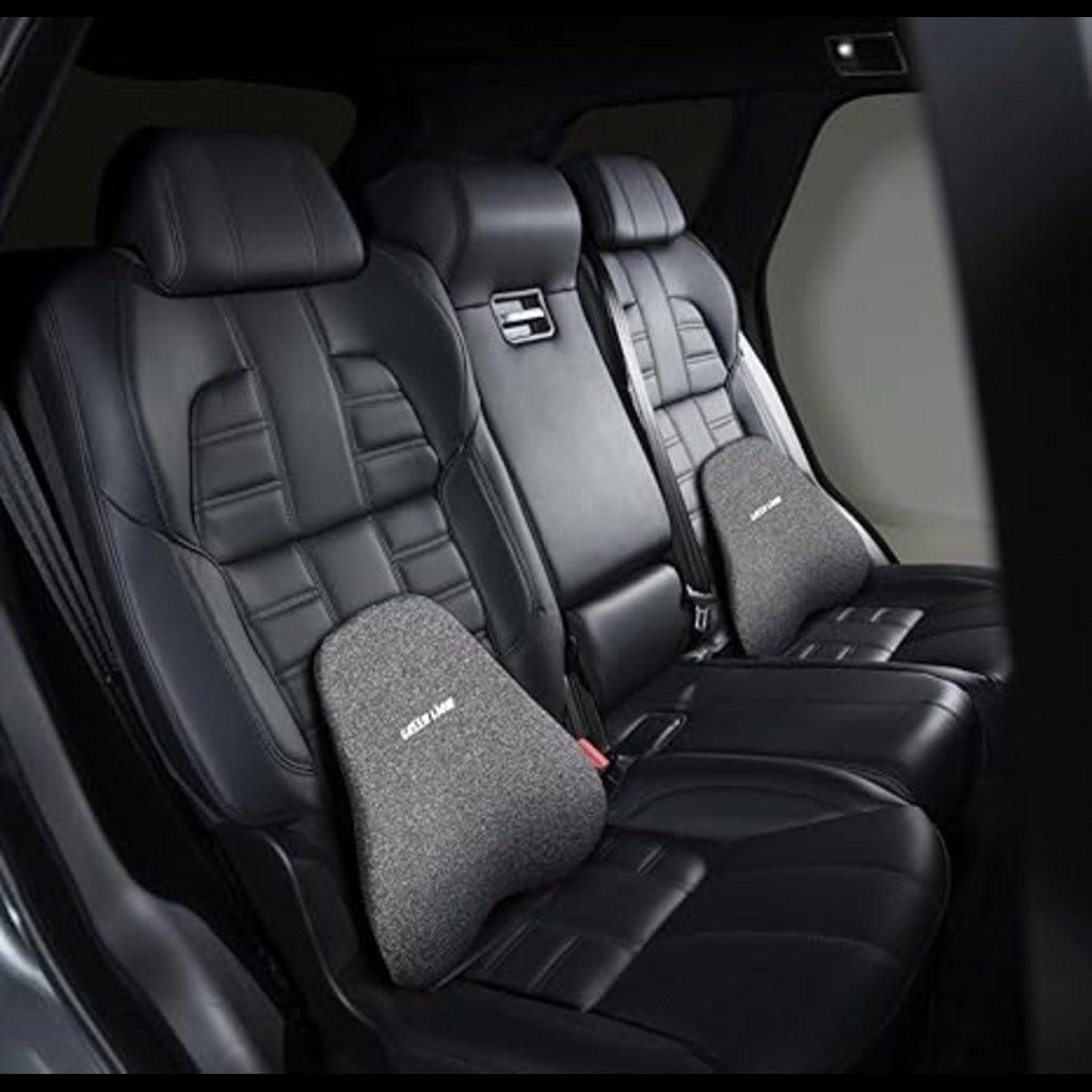 Car interior with black leather seats and Green Lion Memory Foam Seat Cushion.