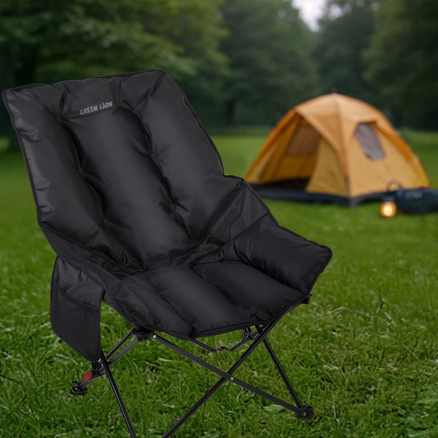Green Lion Travix Camping Chair in a camping setup.