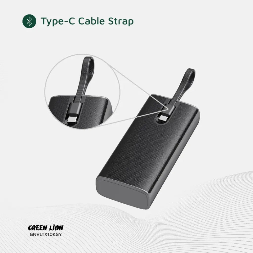 Black Green Lion Voltix Power Bank with Type-C cable strap on a white background