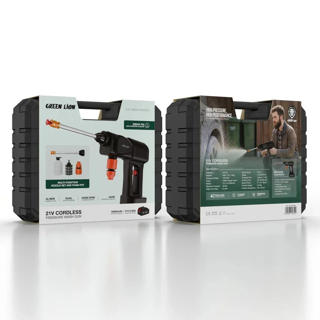 Two packaging boxes for a Green Lion 21V Cordless Pressure Wash Gun on a white background