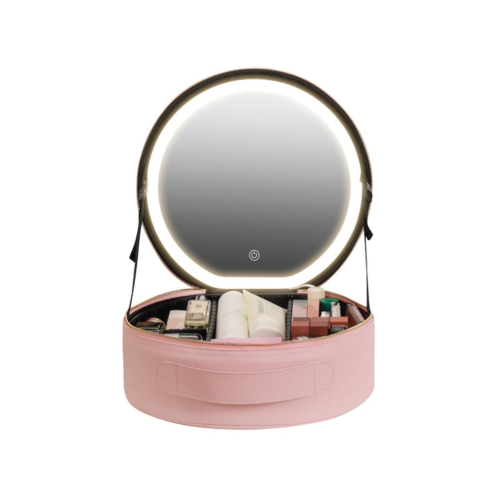 A pink makeup organizer case with a built-in LED mirror, filled with cosmetics and beauty essentials.