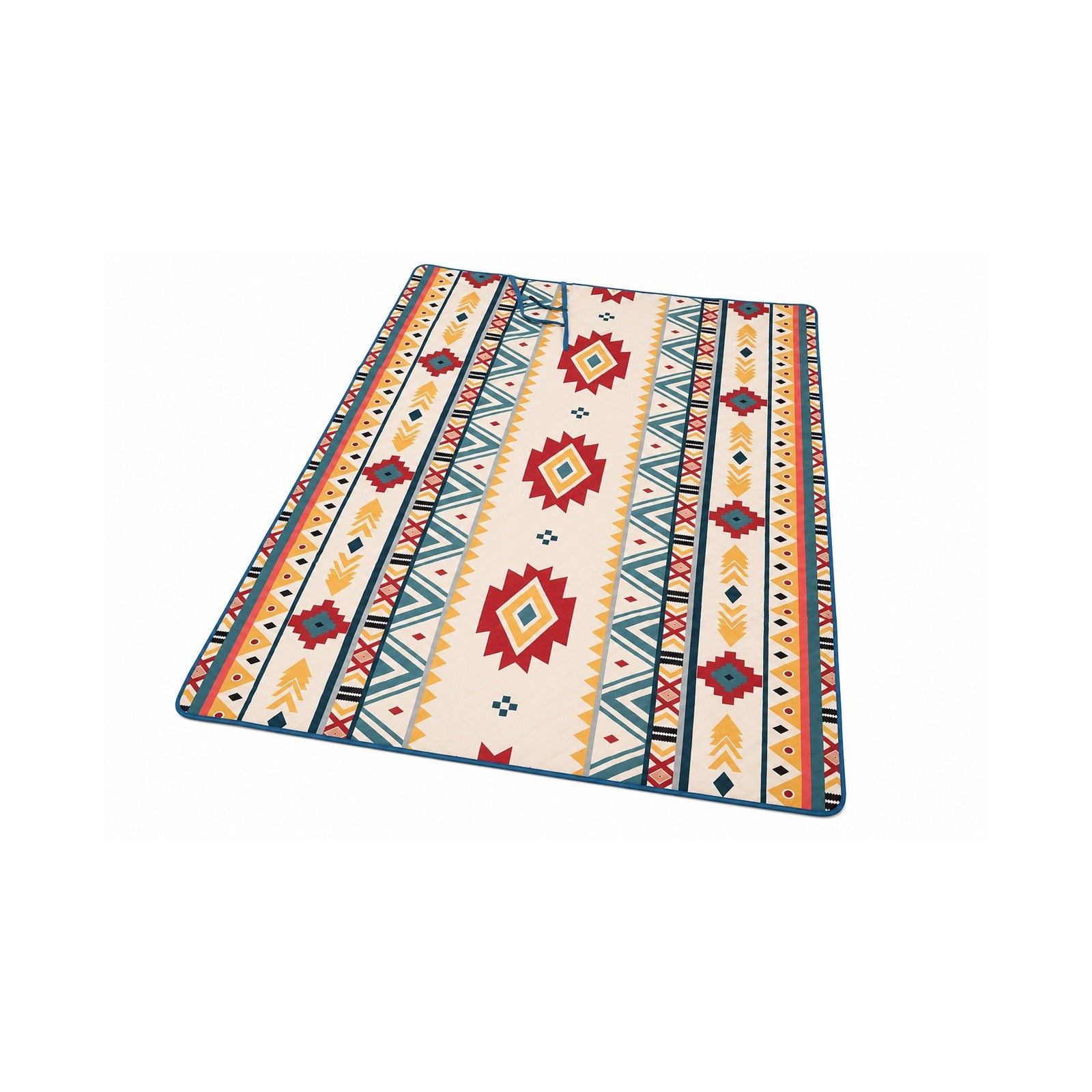 Colorful patterned rug with geometric design on a white background
