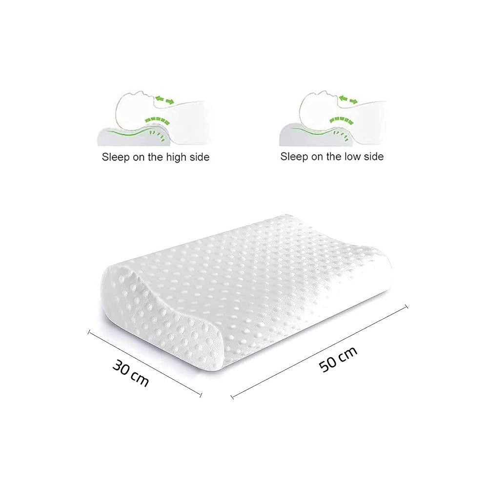 Memory Foam Pillow with text indicating sleep positions and dimensions on a white background