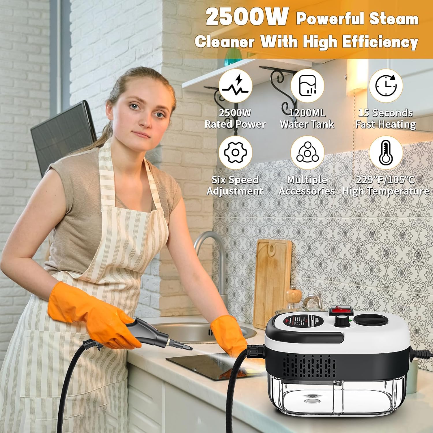 A woman is cleaning kitchen countertop using Multi-Function Steam Cleaner.