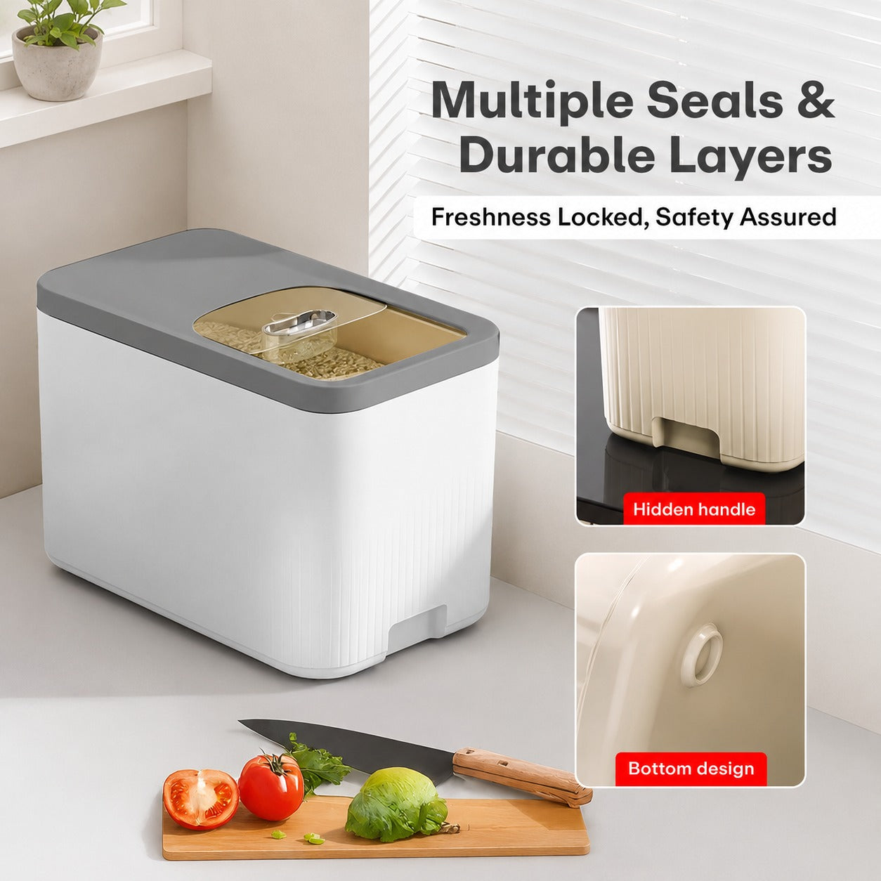 White and gray 20L Multi-Functional Rice Storage Buckets with text highlighting features, placed on a kitchen counter with a knife and vegetables.