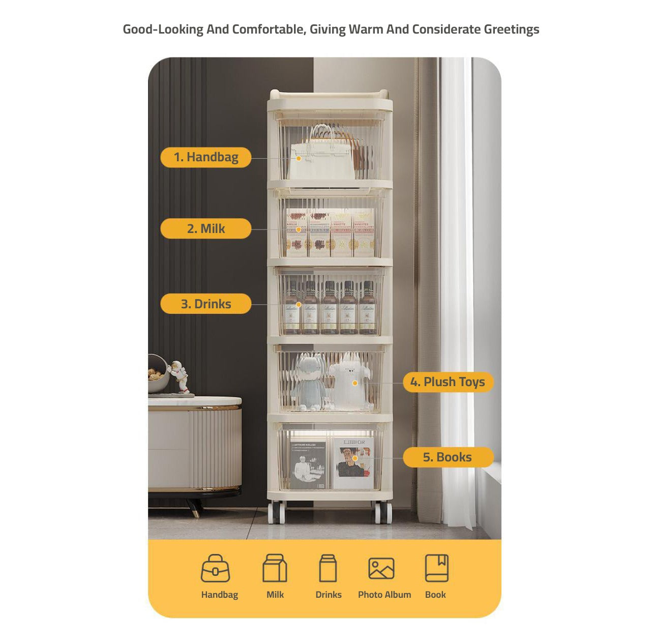 Multifunctional Storage Trolley Rack Organized with Multiple Items.