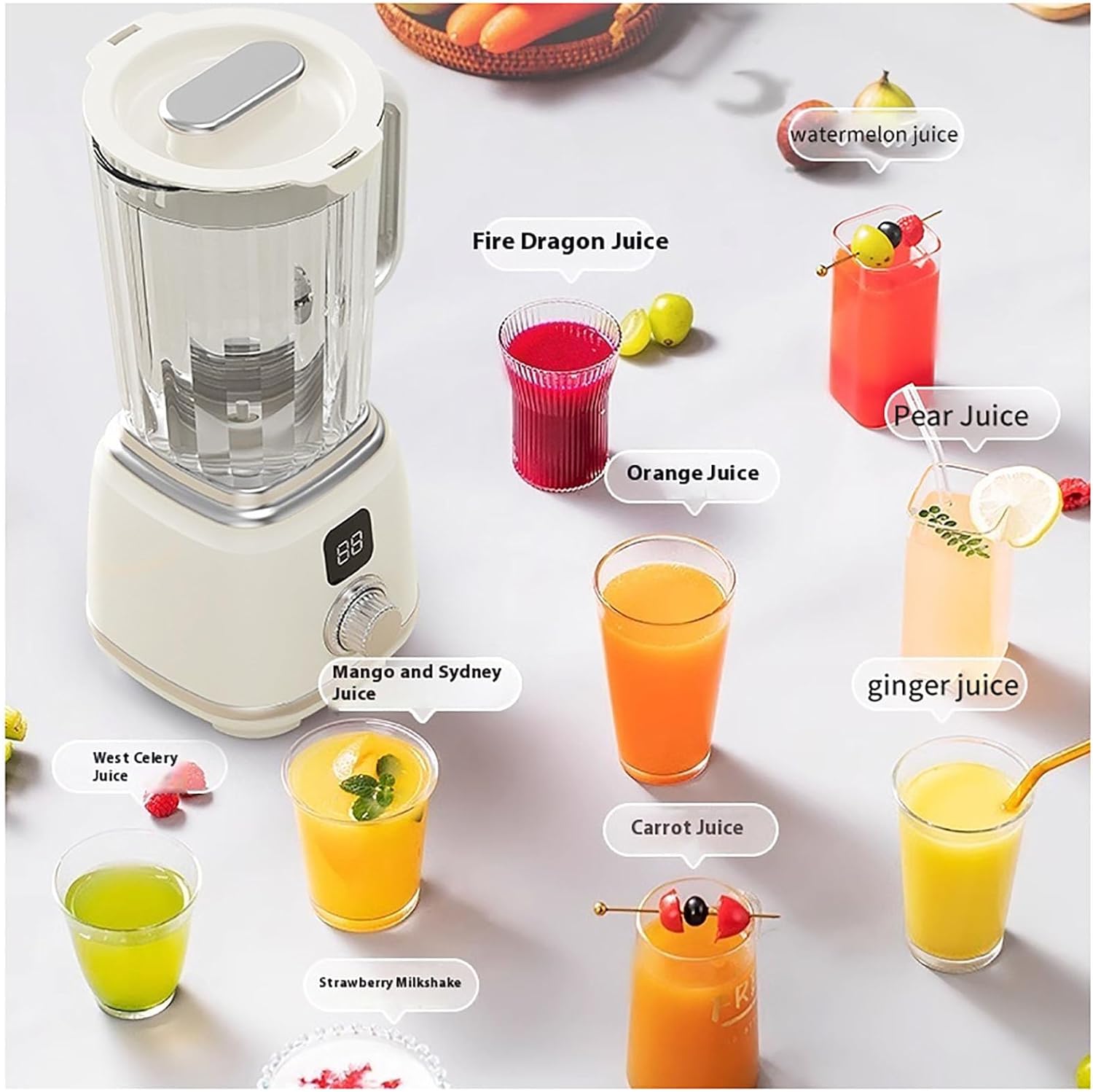 Portable Citrus Juicer Blender with various juice types displayed on a table