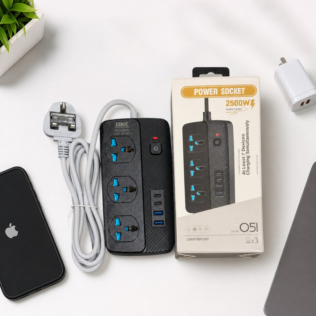 Power Socket Extension with 3 Universal Sockets, 2500W Guard Series Power Strip