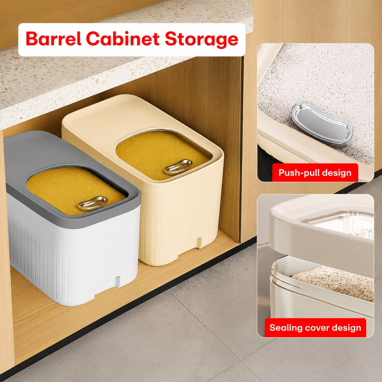 20L Multi-Functional Rice Storage Buckets with push-pull design and sealing cover feature.