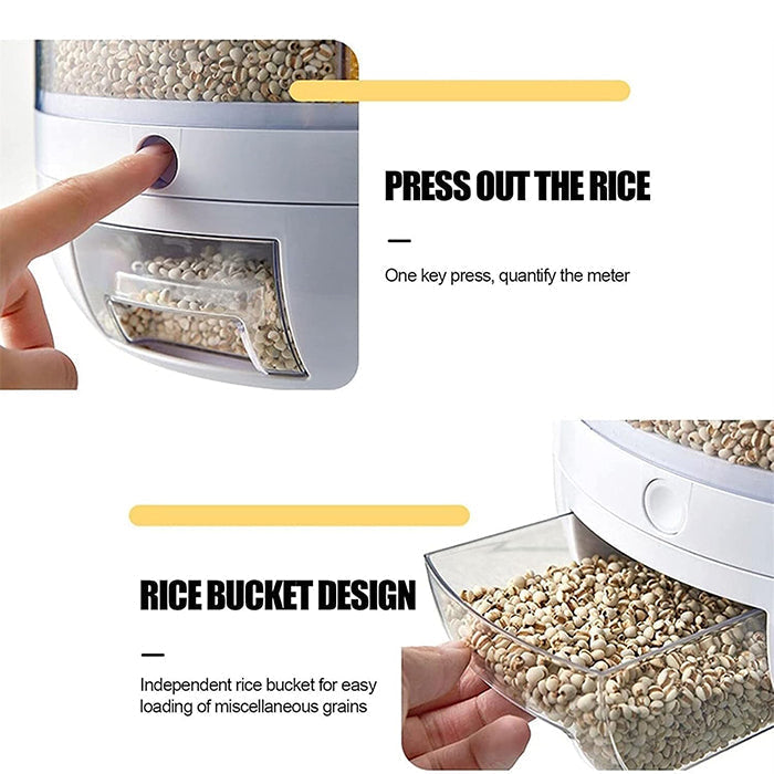 10L Rotating Rice Barrel Multi-Grain Storage Container with a hand pressing it and showing the rice output.