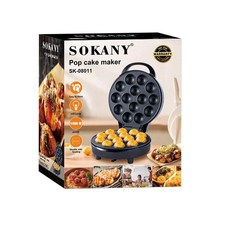 Sokany pop cake maker packaging with images of food and product features.