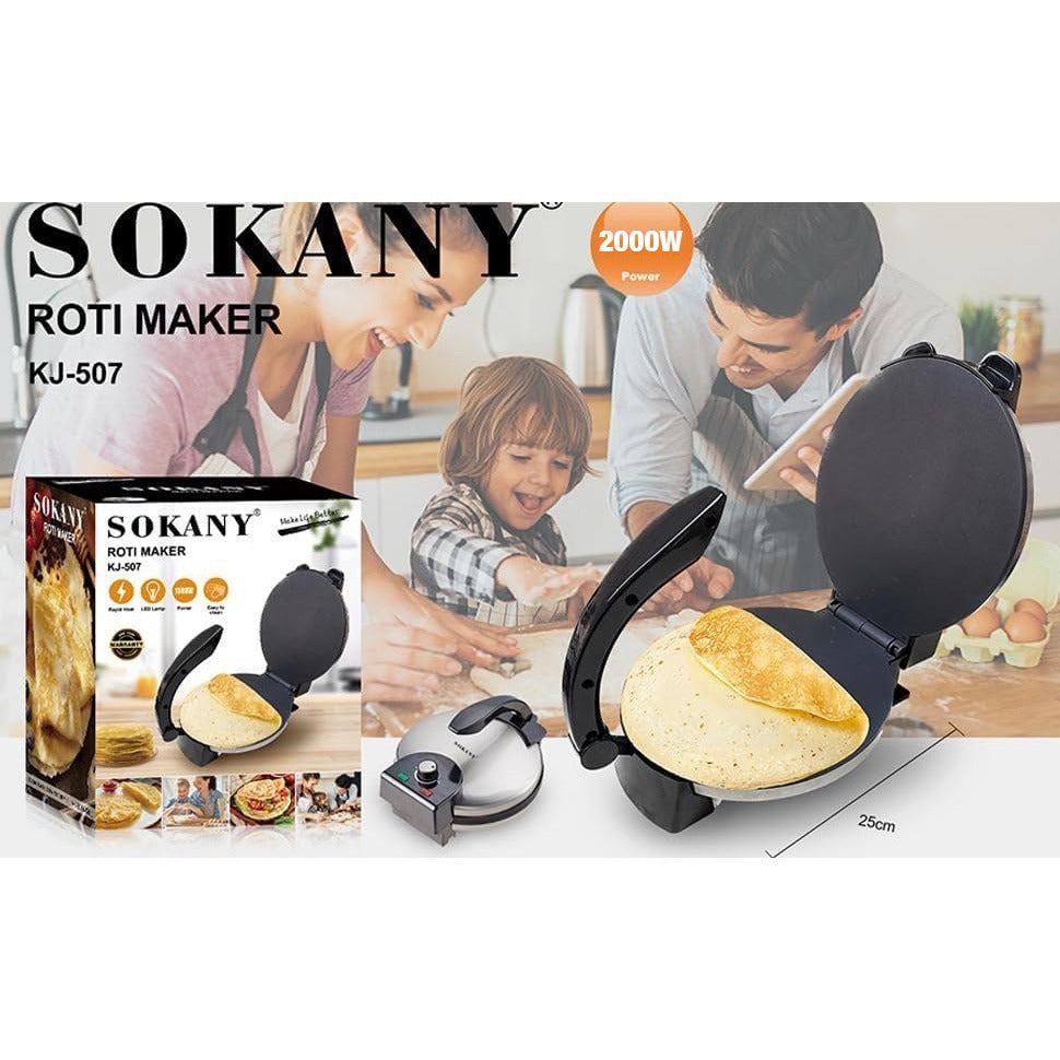 Sokany roti maker with packaging and usage scenario on a white background