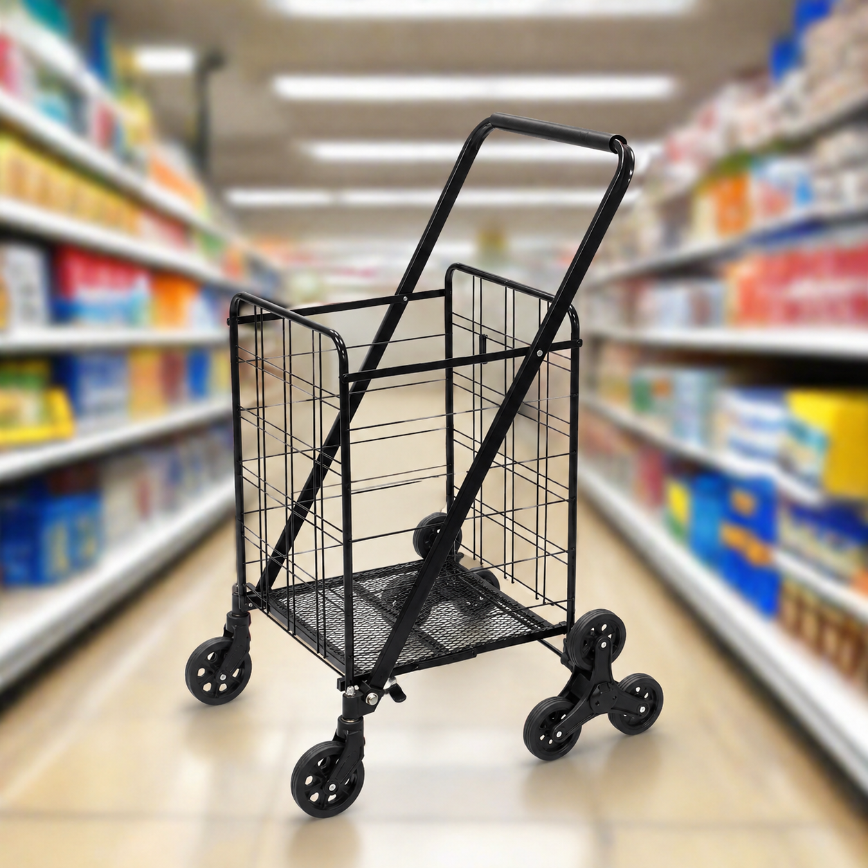 Black shopping cart in a supermarket aisle with blurred shelves in the background